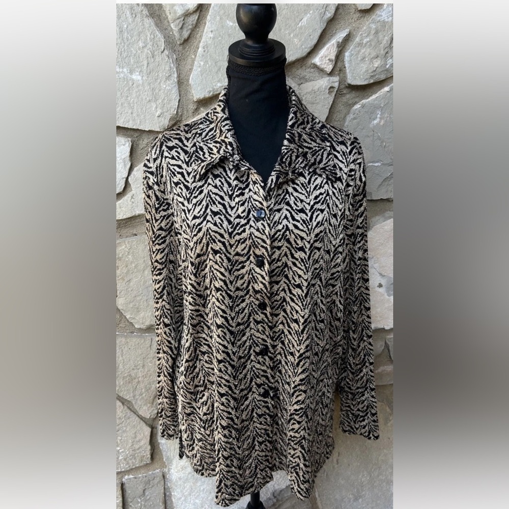 Chico's Holiday Tunic Top Size 2 Large Gold Black Chenille Long Sleeve Stretchy‎